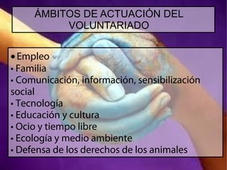 ÁMBITOS DE ACTUACIÓN DEL
VOLUNTARIADO
• Empleo
• Familia
• Comunicación, información, sensibilización
social
• Tecnología
• Educación y cultura
• Ocio y tiempo libre
• Ecología y medio ambiente
• Defensa de los derechos de los animales

 