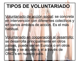 TIPOS DE VOLUNTARIADO
Voluntariado de acción social: se concreta
en intervención con diferentes colectivos y
en varios ámbitos de acción. Es el más
habitual.
Voluntariado en cooperación al desarrollo:
se desarrolla principalmente en otros
países, puede ser en Europa o en otros
países y se accede a el a través de
ONG`s en nuestro país.

 