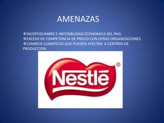 AMENAZAS
INCERTIDUMBRE E INESTABILIDAD ECONOMICA DEL PAIS.
EXCESO DE COMPETENCIA DE PRECIO CON OTRAS ORGANIZACIONES.
CAMBIOS CLIMATICOS QUE PUEDEN AFECTAR A CENTROS DE
PRODUCCION.