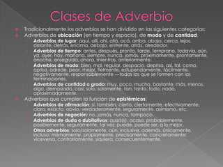 



Tradicionalmente los adverbios se han dividido en las siguientes categorías:
Adverbios de ubicación (en tiempo y espacio), de modo y de cantidad.
›
›
›

›


Adverbios de lugar: aquí, allí, ahí, allá, acá, arriba, abajo, cerca, lejos,
delante, detrás, encima, debajo, enfrente, atrás, alrededor.
Adverbios de tiempo: antes, después, pronto, tarde, temprano, todavía, aún,
ya, ayer, hoy, mañana, siempre, nunca, jamás, próximamente, prontamente,
anoche, enseguida, ahora, mientras, anteriormente.
Adverbios de modo: bien, mal, regular, despacio, deprisa, así, tal, como,
aprisa, adrede, peor, mejor, fielmente, estupendamente, fácilmente,
negativamente, responsablemente —todas las que se formen con las
terminaciones.
Adverbios de cantidad o grado: muy, poco, mucho, bastante, más, menos,
algo, demasiado, casi, solo, solamente, tan, tanto, todo, nada,
aproximadamente.

Adverbios que cumplen la función de epistémicos:
›
›
›
›

Adverbios de afirmación: sí, también, cierto, ciertamente, efectivamente,
claro, exacto, obvio, verdaderamente, seguramente, asimismo, etc.
Adverbios de negación: no, jamás, nunca, tampoco.
Adverbios de duda o dubitativos: quizá(s), acaso, probablemente,
posiblemente, seguramente, tal vez, puede, puede ser, a lo mejor.
Otros adverbios: solo/solamente, aún, inclusive, además, únicamente,
incluso; mismamente, propiamente, precisamente, concretamente;
viceversa, contrariamente, siquiera, consecuentemente.

 
