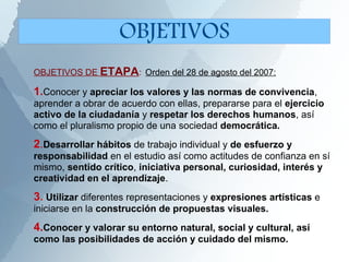 OBJETIVOS DE ETAPA: Orden del 28 de agosto del 2007:
1.Conocer y apreciar los valores y las normas de convivencia,
aprender a obrar de acuerdo con ellas, prepararse para el ejercicio
activo de la ciudadanía y respetar los derechos humanos, así
como el pluralismo propio de una sociedad democrática.
2.Desarrollar hábitos de trabajo individual y de esfuerzo y
responsabilidad en el estudio así como actitudes de confianza en sí
mismo, sentido crítico, iniciativa personal, curiosidad, interés y
creatividad en el aprendizaje.
3. Utilizar diferentes representaciones y expresiones artísticas e
iniciarse en la construcción de propuestas visuales.
4.Conocer y valorar su entorno natural, social y cultural, así
como las posibilidades de acción y cuidado del mismo.
OBJETIVOS
 