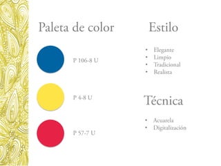 Paleta de color
P 106-8 U
P 4-8 U
P 57-7 U
Estilo
Técnica
•  Elegante
•  Limpio
•  Tradicional
•  Realista
•  Acuarela
•  Digitalización
 