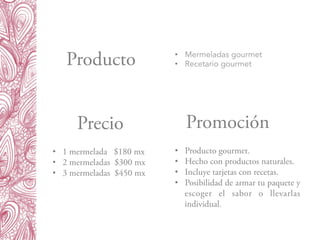 Producto
Precio Promoción
•  1 mermelada $180 mx
•  2 mermeladas $300 mx
•  3 mermeladas $450 mx
•  Producto gourmet.
•  Hecho con productos naturales.
•  Incluye tarjetas con recetas.
•  Posibilidad de armar tu paquete y
escoger el sabor o llevarlas
individual.
•  Mermeladas gourmet
•  Recetario gourmet
 
