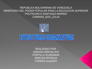 REPUBLICA BOLIVARIANA DE VENEZUELA
MINISTERIO DEL PODER POPULAR PARA LA EDUCACION SUPERIOR
POLITECNICO SANTIAGO MARINO
CABIMAS_EDO_ZULIA
REALIZADO POR
ANDARA MIROSLAVA
PORTILLO EURISMAR
RINCON PATRICIA
TORRES GLEIDDY
 