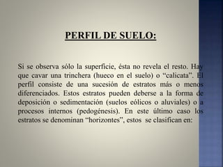 PERFIL DE SUELO:
Si se observa sólo la superficie, ésta no revela el resto. Hay
que cavar una trinchera (hueco en el suelo) o “calicata”. El
perfil consiste de una sucesión de estratos más o menos
diferenciados. Estos estratos pueden deberse a la forma de
deposición o sedimentación (suelos eólicos o aluviales) o a
procesos internos (pedogénesis). En este último caso los
estratos se denominan “horizontes”, estos se clasifican en:
 