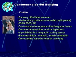 Consecuencias del Bullying 
Victima 
•Fracaso y dificultades escolares 
•Niveles altos y continuos de ansiedad ( anticipatoria) 
•FOBIA ESCOLAR 
•Conformación de una personalidad insegura e insana 
•Descenso de autoestima ,cuadros depresivos 
•Imposibilidad de la integración social y escolar 
•Sintomas clínicos : neurosis , histeria y depresión 
•Desencadenan actitudes violentas : mooving 
 