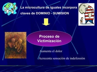 La microcultura de iguales incorpora 
claves de DOMINIO - SUMISION 
Proceso de 
Victimización 
Aumenta el dolor 
Acrecenta sensación de indefensión 
 