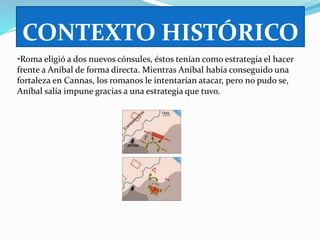 CONTEXTO HISTÓRICO 
•Roma eligió a dos nuevos cónsules, éstos tenían como estrategia el hacer 
frente a Aníbal de forma directa. Mientras Aníbal había conseguido una 
fortaleza en Cannas, los romanos le intentarían atacar, pero no pudo se, 
Aníbal salía impune gracias a una estrategia que tuvo. 
 