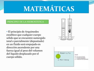 MATEMÁTICAS 
PRINCIPIO DE LA HIDROSTÁTICA 
• El principio de Arquímedes 
establece que cualquier cuerpo 
sólido que se encuentre sumergido 
total o parcialmente (depositado) 
en un fluido será empujado en 
dirección ascendente por una 
fuerza igual al peso del volumen 
del líquido desplazado por el 
cuerpo sólido. 
 