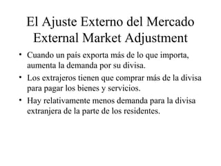 El Ajuste Externo del Mercado 
External Market Adjustment 
• Cuando un país exporta más de lo que importa, 
aumenta la demanda por su divisa. 
• Los extrajeros tienen que comprar más de la divisa 
para pagar los bienes y servicios. 
• Hay relativamente menos demanda para la divisa 
extranjera de la parte de los residentes. 
 