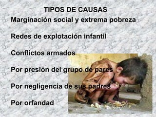 TIPOS DE CAUSAS 
Marginación social y extrema pobreza 
Redes de explotación infantil 
Conflictos armados 
Por presión del grupo de pares 
Por negligencia de sus padres 
Por orfandad 
 
