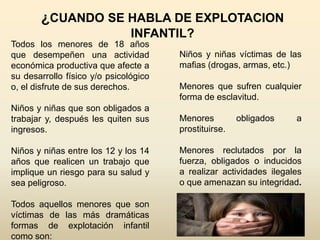 ¿CUANDO SE HABLA DE EXPLOTACION 
INFANTIL? 
Todos los menores de 18 años 
que desempeñen una actividad 
económica productiva que afecte a 
su desarrollo físico y/o psicológico 
o, el disfrute de sus derechos. 
Niños y niñas que son obligados a 
trabajar y, después les quiten sus 
ingresos. 
Niños y niñas entre los 12 y los 14 
años que realicen un trabajo que 
implique un riesgo para su salud y 
sea peligroso. 
Todos aquellos menores que son 
víctimas de las más dramáticas 
formas de explotación infantil 
como son: 
Niños y niñas víctimas de las 
mafias (drogas, armas, etc.) 
Menores que sufren cualquier 
forma de esclavitud. 
Menores obligados a 
prostituirse. 
Menores reclutados por la 
fuerza, obligados o inducidos 
a realizar actividades ilegales 
o que amenazan su integridad. 
 