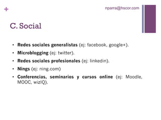 +
C. Social
•  Redes sociales generalistas (ej: facebook, google+).
•  Microblogging (ej: twitter).
•  Redes sociales profesionales (ej: linkedin).
•  Nings (ej: ning.com)
•  Conferencias, seminarios y cursos online (ej: Moodle,
MOOC, wizIQ).
nparra@hscor.com
 