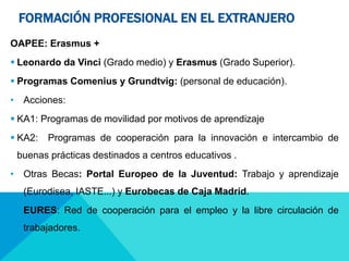 FORMACIÓN PROFESIONAL EN EL EXTRANJERO 
OAPEE: Erasmus + 
 Leonardo da Vinci (Grado medio) y Erasmus (Grado Superior). 
 Programas Comenius y Grundtvig: (personal de educación). 
• Acciones: 
 KA1: Programas de movilidad por motivos de aprendizaje 
 KA2: Programas de cooperación para la innovación e intercambio de 
buenas prácticas destinados a centros educativos . 
• Otras Becas: Portal Europeo de la Juventud: Trabajo y aprendizaje 
(Eurodisea, IASTE...) y Eurobecas de Caja Madrid. 
• EURES: Red de cooperación para el empleo y la libre circulación de 
trabajadores. 
 