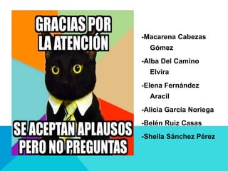 -Macarena Cabezas 
Gómez 
-Alba Del Camino 
Elvira 
-Elena Fernández 
Aracil 
-Alicia García Noriega 
-Belén Ruiz Casas 
-Sheila Sánchez Pérez 
