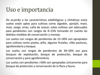 Uso e importancia 
De acuerdo a las características edafológicas y climáticas estos 
suelos están aptos para cultivos como algodón, ajonjolí, maní, 
maíz, sorgo, arroz, caña de azúcar, estos cultivos son adecuados 
para pendientes con rangos de 0–15% tomando en cuenta las 
debidas medidas de conservación y manejo. 
Los suelos con rangos de pendientes de 15–30% son apropiados 
para cultivos como pastos, piña, algunos frutales, silbo pasturas, 
agroforestería y bosque. 
Los suelos con rangos de pendientes de 30–50% son para 
bosques de explotación, bosque de protección, bosque de 
conservación y para agroforestería. 
Los suelos con pendientes >50% son apropiados únicamente para 
bosque de protección y conservación de la flora y fauna. 
 