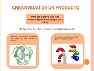 Para ser creativa, una idea
también debe ser apropiada, útil y
viable.
De alguna forma debe influir en la forma de hacer negocios, por ejemplo:
Mejorando un producto o abriendo
una nueva vía para abordar un
proceso.
Generando nuevas maneras de
pensar estratégicamente.
 