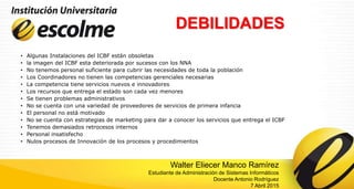 DEBILIDADES
• Algunas Instalaciones del ICBF están obsoletas
• la imagen del ICBF esta deteriorada por sucesos con los NNA
• No tenemos personal suficiente para cubrir las necesidades de toda la población
• Los Coordinadores no tienen las competencias gerenciales necesarias
• La competencia tiene servicios nuevos e innovadores
• Los recursos que entrega el estado son cada vez menores
• Se tienen problemas administrativos
• No se cuenta con una variedad de proveedores de servicios de primera infancia
• El personal no está motivado
• No se cuenta con estrategias de marketing para dar a conocer los servicios que entrega el ICBF
• Tenemos demasiados retrocesos internos
• Personal insatisfecho
• Nulos procesos de Innovación de los procesos y procedimientos
Walter Eliecer Manco Ramírez
Estudiante de Administración de Sistemas Informáticos
Docente Antonio Rodríguez
7 Abril 2015
 