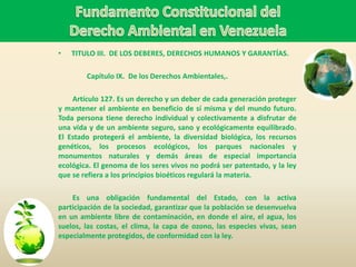 • TITULO III. DE LOS DEBERES, DERECHOS HUMANOS Y GARANTÍAS.
Capítulo IX. De los Derechos Ambientales,.
Artículo 127. Es un derecho y un deber de cada generación proteger
y mantener el ambiente en beneficio de sí misma y del mundo futuro.
Toda persona tiene derecho individual y colectivamente a disfrutar de
una vida y de un ambiente seguro, sano y ecológicamente equilibrado.
El Estado protegerá el ambiente, la diversidad biológica, los recursos
genéticos, los procesos ecológicos, los parques nacionales y
monumentos naturales y demás áreas de especial importancia
ecológica. El genoma de los seres vivos no podrá ser patentado, y la ley
que se refiera a los principios bioéticos regulará la materia.
Es una obligación fundamental del Estado, con la activa
participación de la sociedad, garantizar que la población se desenvuelva
en un ambiente libre de contaminación, en donde el aire, el agua, los
suelos, las costas, el clima, la capa de ozono, las especies vivas, sean
especialmente protegidos, de conformidad con la ley.
 