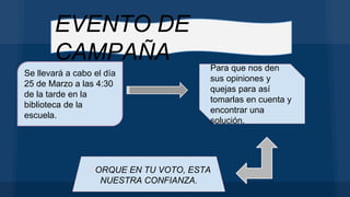 EVENTO DE
CAMPAÑA
Se llevará a cabo el día
25 de Marzo a las 4:30
de la tarde en la
biblioteca de la
escuela.
Para que nos den
sus opiniones y
quejas para así
tomarlas en cuenta y
encontrar una
solución.
PORQUE EN TU VOTO, ESTA
NUESTRA CONFIANZA.