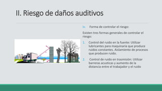 II. Riesgo de daños auditivos
iv. Forma de controlar el riesgo:
Existen tres formas generales de controlar el
riesgo:
1. Control del ruido en la fuente: Utilizar
lubricantes para maquinaria que produce
ruidos constantes. Aislamiento de procesos
que producen ruido.
2. Control de ruido en trasmisión: Utilizar
barreras acusticas y aumento de la
distancia entre el trabajador y el ruido
 