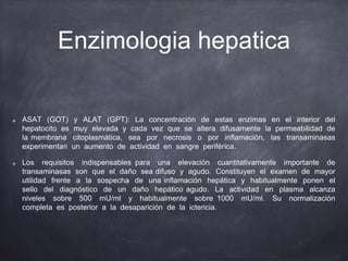 Enzimologia hepatica
ASAT (GOT) y ALAT (GPT): La concentración de estas enzimas en el interior del
hepatocito es muy elevada y cada vez que se altera difusamente la permeabilidad de
la membrana citoplasmática, sea por necrosis o por inflamación, las transaminasas
experimentan un aumento de actividad en sangre periférica.
Los requisitos indispensables para una elevación cuantitativamente importante de
transaminasas son que el daño sea difuso y agudo. Constituyen el examen de mayor
utilidad frente a la sospecha de una inflamación hepática y habitualmente ponen el
sello del diagnóstico de un daño hepático agudo. La actividad en plasma alcanza
niveles sobre 500 mU/ml y habitualmente sobre 1000 mU/ml. Su normalización
completa es posterior a la desaparición de la ictericia.
 