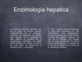 Enzimologia hepatica
Las fosfatasas alcalinas hepáticas (FA)
son un grupo de enzimas ubicadas
preferentemente en la membrana
canalicular del hepatocito. Su síntesis
está regulada por la presencia de
sales biliares; un aumento de la
concentración intracelular de sales
biliares estimula la síntesis de FA y
por esta razón se elevan en la
colestasia intra o extracelular
La GGT o gama glutamil transferasa
se eleva por mecanismos no bien
establecidos pero probablemente
similares a los de las FA. Es además
inducible por agentes externos. Se
trata de un marcador muy sensible
pero de poca especificidad. El alcohol
induce manifiestamente su síntesis por
lo que es de utilidad en el control de
la abstinencia alcohólica.
 