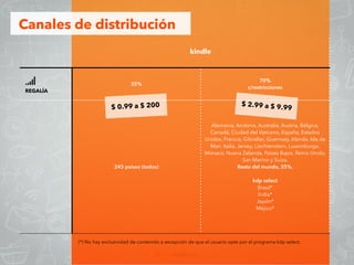 kindle
REGALÍA
35%
70% 
c/restricciones
245 países (todos)
Alemania, Andorra, Australia, Austria, Bélgica,
Canadá, Ciudad del Vaticano, España, Estados
Unidos, Francia, Gibraltar, Guernsey, Irlanda, Isla de
Man, Italia, Jersey, Liechtenstein, Luxemburgo,
Mónaco, Nueva Zelanda, Países Bajos, Reino Unido,
San Marino y Suiza.
Resto del mundo, 35%.
kdp select
Brasil*
India*
Japón*
Méjico*
Canales de distribución
$ 0.99 a $ 200 $ 2.99 a $ 9.99
(*) No hay exclusividad de contenido a excepción de que el usuario opte por el programa kdp select.
 