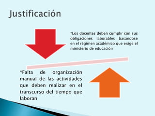 *Los docentes deben cumplir con sus
obligaciones laborables basándose
en el régimen académico que exige el
ministerio de educación
*Falta de organización
manual de las actividades
que deben realizar en el
transcurso del tiempo que
laboran
 
