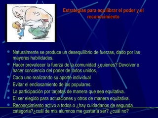 Estrategias para equilibrar el poder y elEstrategias para equilibrar el poder y el
reconocimientoreconocimiento
 Naturalmente se produce un desequilibrio de fuerzas, dado por las
mayores habilidades.
 Hacer prevalecer la fuerza de la comunidad ¿quienes? Devolver o
hacer conciencia del poder de todos unidos.
 Cada uno realizando su aporte individual
 Evitar el endiosamiento de los populares.
 La participación por tarjetas de manera que sea equitativa.
 El ser elegido para actuaciones y otros de manera equitativa.
 Reconocimiento activo a todos o ¿hay cuidadanos de segunda
categoría?¿cuál de mis alumnos me gustaría ser? ¿cuál no?
 