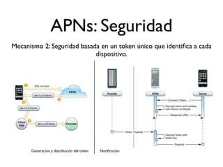 APNs: Seguridad
Mecanismo 2: Seguridad basada en un token único que identiﬁca a cada
dispositivo.
Generación y distribución del token Notiﬁcación
 
