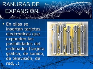 RANURAS DERANURAS DE
EXPANSIÓNEXPANSIÓN
 En ellas seEn ellas se
insertan tarjetasinsertan tarjetas
electrónicas queelectrónicas que
expanden lasexpanden las
posibilidades delposibilidades del
ordenador (tarjetaordenador (tarjeta
gráfica, de sonido,gráfica, de sonido,
de televisión, dede televisión, de
red,..)red,..)
 