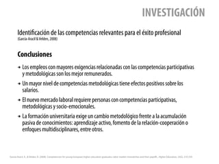 Identificación de las competencias relevantes para el éxito profesional
(García-Aracil &Velden, 2008)
INVESTIGACIÓN
García...
