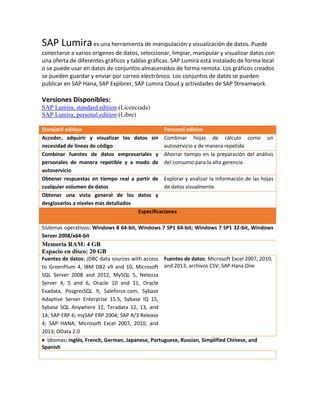 SAP Lumiraes una herramienta de manipulación y visualización de datos. Puede
conectarse a varios orígenes de datos, seleccionar, limpiar, manipular y visualizar datos con
una oferta de diferentes gráficos y tablas gráficas. SAP Lumira está instalado de forma local
o se puede usar en datos de conjuntos almacenados de forma remota. Los gráficos creados
se pueden guardar y enviar por correo electrónico. Los conjuntos de datos se pueden
publicar en SAP Hana, SAP Explorer, SAP Lumira Cloud y actividades de SAP Streamwork.
Versiones Disponibles:
SAP Lumira, standard edition (Licenciada)
SAP Lumira, personal edition (Libre)
Standard edition Personal edition
Acceder, adquirir y visualizar los datos sin
necesidad de líneas de código
Combinar hojas de cálculo como un
autoservicio y de manera repetida
Combinar fuentes de datos empresariales y
personales de manera repetible y a modo de
autoservicio
Ahorrar tiempo en la preparación del análisis
del consumo para la alta gerencia
Obtener respuestas en tiempo real a partir de
cualquier volumen de datos
Explorar y analizar la información de las hojas
de datos visualmente
Obtener una vista general de los datos y
desglosarlos a niveles más detallados
Especificaciones
Sistemas operativos: Windows 8 64-bit, Windows 7 SP1 64-bit; Windows 7 SP1 32-bit, Windows
Server 2008/x64-bit
Memoria RAM: 4 GB
Espacio en disco: 20 GB
Fuentes de datos: JDBC data sources with access
to GreenPlum 4, IBM DB2 v9 and 10, Microsoft
SQL Server 2008 and 2012, MySQL 5, Netezza
Server 4, 5 and 6, Oracle 10 and 11, Oracle
Exadata, PosgresSQL 9, Saleforce.com, Sybase
Adaptive Server Enterprise 15.5, Sybase IQ 15,
Sybase SQL Anywhere 12, Teradata 12, 13, and
14; SAP ERP 6; mySAP ERP 2004; SAP R/3 Release
4; SAP HANA; Microsoft Excel 2007, 2010, and
2013; OData 2.0
Fuentes de datos: Microsoft Excel 2007, 2010,
and 2013; archivos CSV; SAP Hana One
 Idiomas: inglés, French, German, Japanese, Portuguese, Russian, Simplified Chinese, and
Spanish
 