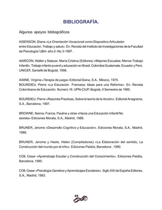 69
BIBLIOGRAFÍA.
Algunos apoyos bibliográficos
AISENSON, Diana «La Orientación Vocacional como Dispositivo Articulador
entre Educación, Trabajo y salud». En: Revista del Instituto de Investigaciones de la Facultad
de Psicología/ UBA- año 2- No.3-1997 .
AlARCON, Walter y Salazar, María Cristina (Editores) «Mejores Escuelas: Menos Trabajo
Infantil». Trabajo infanto-juvenil y educación en Brasil, Colombia Guatemala, Ecuador y Perú.
UNICEF, Santafé de Bogotá, 1996.
AXlINE, Virginia «Terapia de juega» Editorial Diana, S.A., México, 1975.
BOURDIEU, Pierre «La Educación Francesa: Ideas para una Reforma». En: Revista
Colombiana de Educación. Numero 16. UPN-CIUP, Bogotá, II Semestre de 1985.
BOURDIEU, Pierre «Razones Practicas, Sobre la teoría de la Acción». Editorial Anagrama,
S.A., Barcelona, 1997.
BROWNE, Naima; France, Pauline y otras «Hacia una Educación Infantil No
sexista» Ediciones Morata, S.A., Madrid, 1988.
BRUNER, Jerome «Desarrollo Cognitivo y Educación». Ediciones Morata, S.A., Madrid,
1988.
BRUNER, Jerome y Haste, Helen (Compiladores) «La Elaboración del sentido, La
Construcción del mundo por el niño». Ediciones Paidós, Barcelona:, 1990.
COll, Cesar «Aprendizaje Escolar y Construcción del Conocimiento». Ediciones Paidós,
Barcelona, 1990.
COll, Cesar «Psicología Genetica y Aprendizajes Escolares». Siglo XXI de España Editores,
S.A., Madrid, 1983.
 