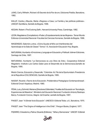 72
JUNG, Carl y Wilhelm, Richard «El Secreto de la Flor de oro. Ediciones Paidós, Barcelona,
1982.
KALUF, Cecilia y Maurás, Marta «Regreso a Casa, La Familia y las políticas públicas».
UNICEF-Santillana, Santafe de Bogota, 1998.
KEGAN, Robert «The Evolving Self». Harvard University Press, Cambridge, 1982.
LEON, Magdalena (Compiladora) «Poder y Empoderamiento de las Mujeres». Tercer Mundo
Editores-Universidad Nacional -Facultad de Ciencias Humanas, Santafe de Bogota, 1998.
MAGENDZO, Salomón y otros. «Cómo Ayudar al Niño con Interferentes del
Aprendizaje en la Sala de Clases” Tomos 1-5. Asociación Educación Hoy, Bogota.
MATURANA, Humberto «Emociones y Lenguaje en Educación y PolíticaII. dolmen Ediciones,
Santiago de Chile, 1997.
MATURANA, Humberto “La Democracia es una Obra de Arte». Cooperativa Editorial
Magisterio -Instituto Luis Carlos Galan para el Desarrollo de la Democracia,Santafe de
Bogota, 1995.
Misión Ciencia, Educación y Desarrollo. “Colombia: AL Filo de la Oportunidad».Presidencia
de la Republica-COLCIENCIAS, Santafe de Bogota, 1995.
NASSIF, Ricardo «Teoría de la Educación. Problemática Pedagógica Contemporáneaal’.
Editorial Cincel -Kapelusz, Madrid, 1980.
PENA, Luis y Schmidt, Mariana {Directores Editoriales) “Huellas de Educación en Tecnología,
Experiencias de Maestros”. Ministerio de Educación Nacional, Fundación Antonio Restrepo
Barco, Fundación Corona, Alegría de Enseñar, santafe de Bogota, 1997.
PIAGET, Jean “ A Dónde Va la Educacón”. UNESCO- Editorial Teide, s.A., Barcelona, 1975.
PIAGET. Jean “The Origins of Intelligence in the Child “. Penguin Books, England, 1977.
PIZARRO, Crisostomo y Palma, Eduardo {Editores). “ Niñez y Democracia “ UNICEF- Editorial
 