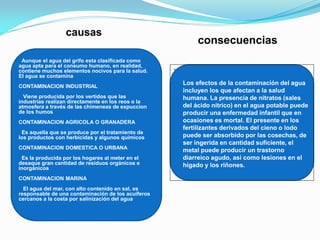 consecuencias

Los efectos de la contaminación del agua
incluyen los que afectan a la salud
humana. La presencia de nitratos (sales
del ácido nítrico) en el agua potable puede
producir una enfermedad infantil que en
ocasiones es mortal. El presente en los
fertilizantes derivados del cieno o lodo
puede ser absorbido por las cosechas, de
ser ingerida en cantidad suficiente, el
metal puede producir un trastorno
diarreico agudo, así como lesiones en el
hígado y los riñones.
Aunque el agua del grifo esta clasificada como
agua apta para el consumo humano, en realidad,
contiene muchos elementos nocivos para la salud.
El agua se contamina
CONTAMINACION INDUSTRIAL
Viene producida por los vertidos que las
industrias realizan directamente en los reos o la
atmosfera a través de las chimeneas de expuccion
de los humos
CONTAMINACION AGRICOLA O GRANADERA
Es aquella que se produce por el tratamiento de
los productos con herbicidas y algunos químicos
CONTAMINACION DOMESTICA O URBANA
Es la producida por los hogares al meter en el
desaque gran cantidad de residuos orgánicos e
inorgánicos
CONTAMINACION MARINA
El agua del mar, con alto contenido en sal, es
responsable de una contaminación de los acuíferos
cercanos a la costa por salinización del agua
causas
 