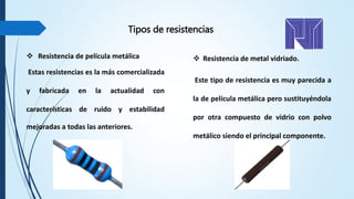  Resistencia de metal vidriado.
Este tipo de resistencia es muy parecida a
la de película metálica pero sustituyéndola
por otra compuesto de vidrio con polvo
metálico siendo el principal componente.
 Resistencia de película metálica
Estas resistencias es la más comercializada
y fabricada en la actualidad con
características de ruido y estabilidad
mejoradas a todas las anteriores.
Tipos de resistencias
 