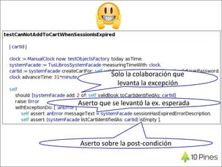 Solo la colaboración que
levanta la excepción
Aserto que se levantó la ex. esperada
Aserto sobre la post-condición
 