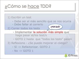¿Cómo se hace TDD?
1) Escribir un test
- Debe ser el más sencillo que se nos ocurra
- Debe fallar al correrlo
2) Correr todos los tests
- Implementar la solución más simple que
haga pasar el/los test/s
- GOTO 2 hasta que “todos los tests” pasen
3) Reflexiono - ¿Se puede mejorar el código?
- Sí -> Refactorizar. GOTO 2
- No -> GOTO 1
 
