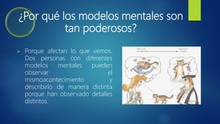 ¿Por qué los modelos mentales son
tan poderosos?
 Porque afectan lo que vemos.
Dos personas con diferentes
modelos mentales pueden
observar el
mismoacontecimiento y
describirlo de manera distinta
porque han observado detalles
distintos.
 