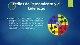  Cuando el Líder logra conjugar e
integrar un equipo con diferentes
Estilos de Pensamiento, la toma de
decisiones y la ejecución de éstas,
resultarán ser más acertadas.
Estilos de Pensamiento y el
Liderazgo
 