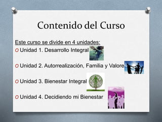 Contenido del Curso
Este curso se divide en 4 unidades:
O Unidad 1. Desarrollo Integral
O Unidad 2. Autorrealización, Familia y Valores
O Unidad 3. Bienestar Integral
O Unidad 4. Decidiendo mi Bienestar
 