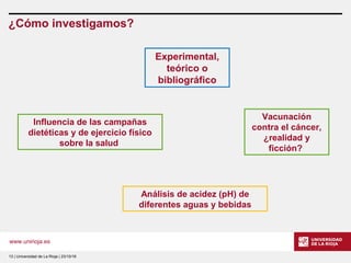 www.unirioja.es
¿Cómo investigamos?
13 | Universidad de La Rioja | 23/10/16
Vacunación
contra el cáncer,
¿realidad y
ficción?
Experimental,
teórico o
bibliográfico
Influencia de las campañas
dietéticas y de ejercicio físico
sobre la salud
Análisis de acidez (pH) de
diferentes aguas y bebidas
 