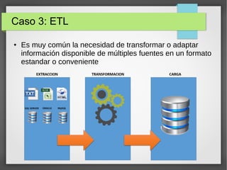 Caso 3: ETL
● Es muy común la necesidad de transformar o adaptar
información disponible de múltiples fuentes en un formato
estandar o conveniente
 