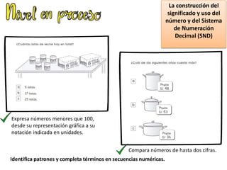 La construcción del
significado y uso del
número y del Sistema
de Numeración
Decimal (SND)
Expresa números menores que 100,
desde su representación gráfica a su
notación indicada en unidades.
Compara números de hasta dos cifras.
Identifica patrones y completa términos en secuencias numéricas.
 