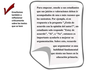 Enseñemos
también a
reflexionar
críticamente
sobre los textos
que se leen
Para empezar, enseñe a sus estudiantes
que sus juicios o valoraciones deben ir
acompañados de una o más razones que
los sustenten. Por ejemplo, si en
respuesta a la pregunta "¿Estás de
acuerdo con la opinión del autor?", un
estudiante solo responde "Estoy de
acuerdo", "Sí", o "No", entonces es
importante ayudarlo a mejorar su
argumentación. Sobre esto, recuerde
que argumentar es una
habilidad fundamental
que sienta sus bases en la
educación primaria.
 