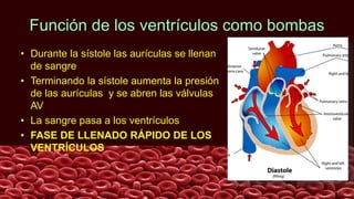 Función de los ventrículos como bombas
• Durante la sístole las aurículas se llenan
de sangre
• Terminando la sístole aumenta la presión
de las aurículas y se abren las válvulas
AV
• La sangre pasa a los ventrículos
• FASE DE LLENADO RÁPIDO DE LOS
VENTRÍCULOS
 