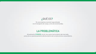 ¿QUÉ ES?
Es una empresa nacional especializada
en el transporte de carga y envío de encomiendas.
LA PROBLEMÁTICA
Actualmente STARKEN, al ser una nueva marca dentro del mercado,
carece de un posicionamiento efectivo dentro de la mente de los consumidores.
 