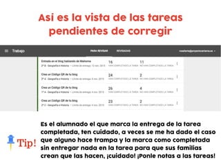 Así es la vista de las tareas
pendientes de corregir
Es el alumnado el que marca la entrega de la tarea
completada, ten cuidado, a veces se me ha dado el caso
que alguno hace trampa y la marca como completada
sin entregar nada en la tarea para que sus familias
crean que las hacen, ¡cuidado! ¡Ponle notas a las tareas!
 
